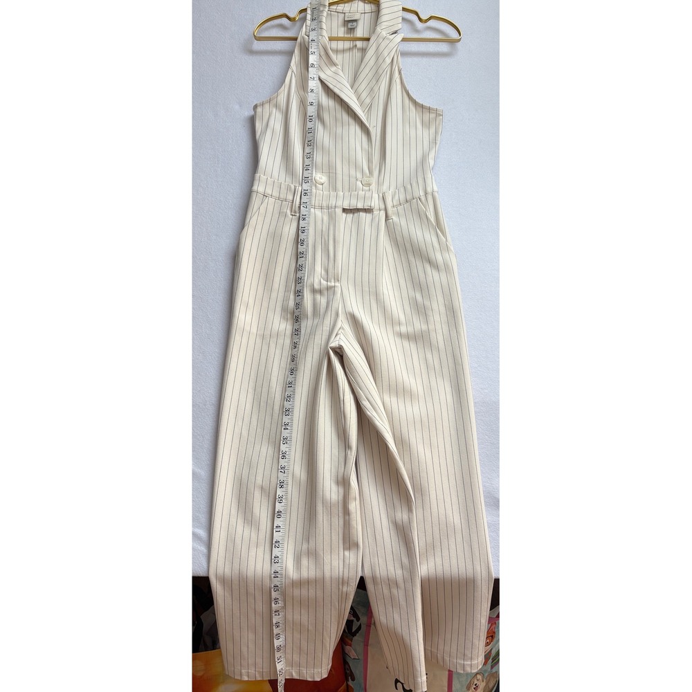 A New Day Womens Sz S Pinstripe Halter Jumpsuit Cream Black Double Breasted Wide - Picture 7 of 9